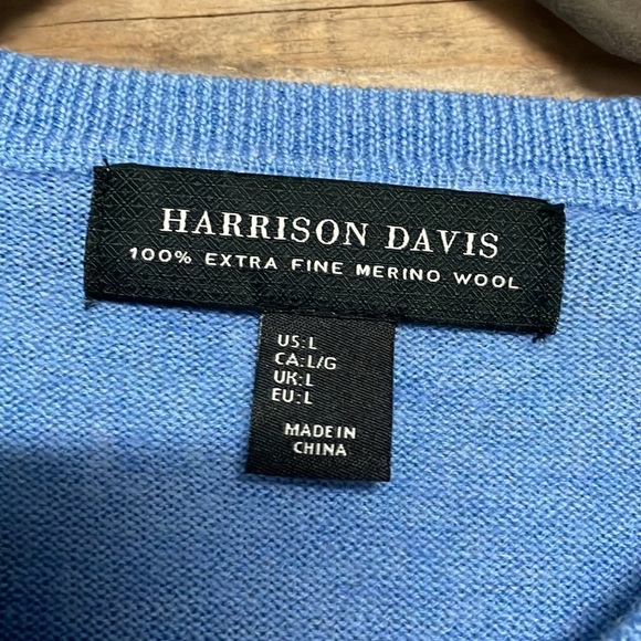 Harrison Davis size large 100% extra fine merino wool v-neck light blue sweater - Picture 2 of 6